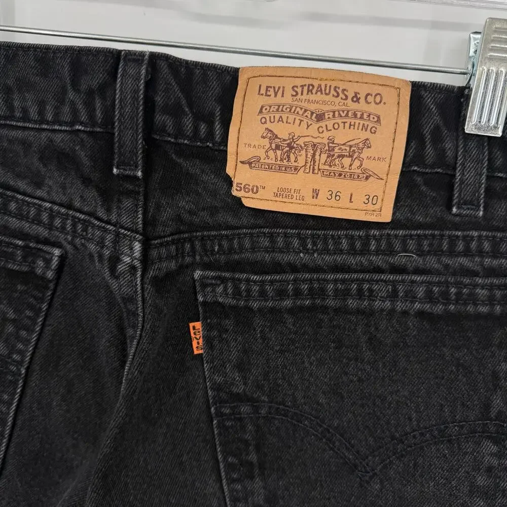 Vintage 90s Mens Levi's 560 Loose Fit Tapered Leg Black Orange Tab Jeans (34x30)